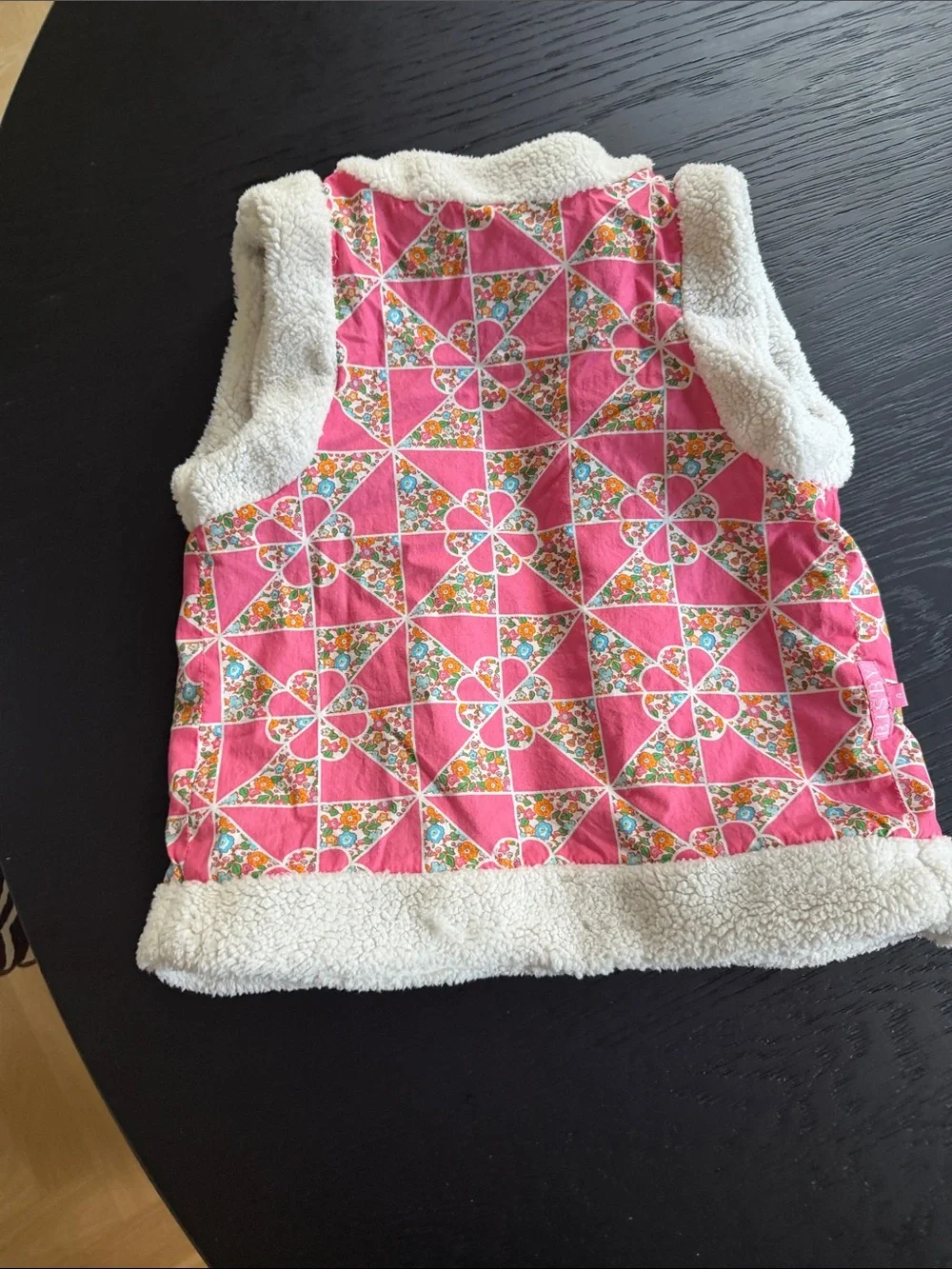 Kids Reveraoble Brown Faux-Suede and Pink Pattern Vest with Cream Sherpa Trim